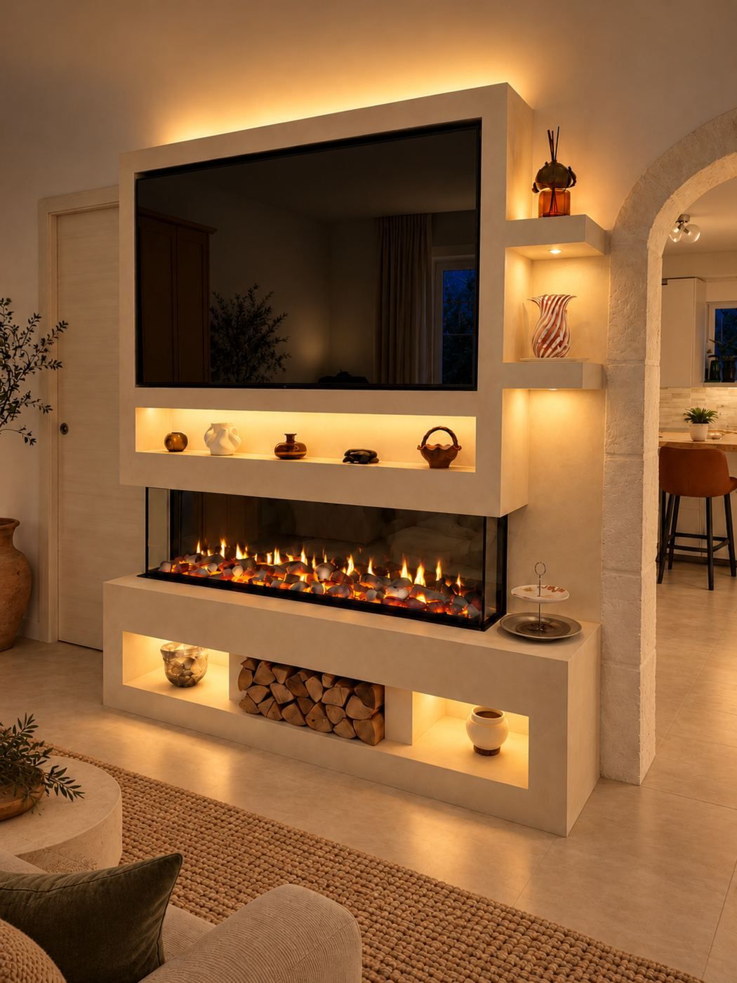 Stone-effect Fireplace Wall, evening