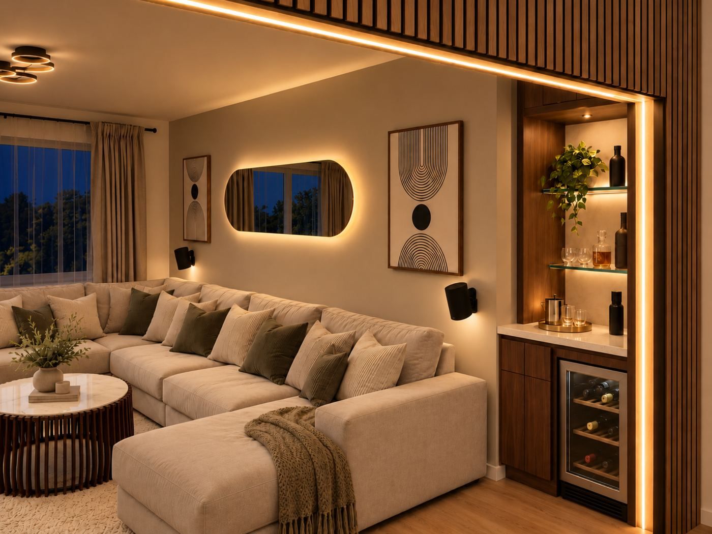 Living Room with Integrated Bar, evening